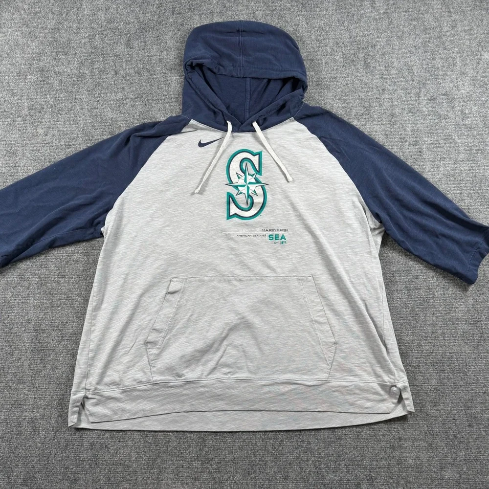 Nike Seattle Mariners Hoodie Mens 3XL Gray Navy Blue Raglan Slub 3/4 Sleeve